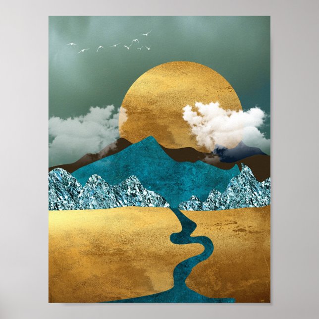 Póster Horizonte dorado con montañas azules (Frente)