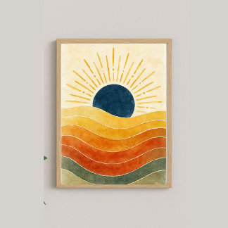 Póster Horizonte dorado - Sol y ola de acuarela abstracta