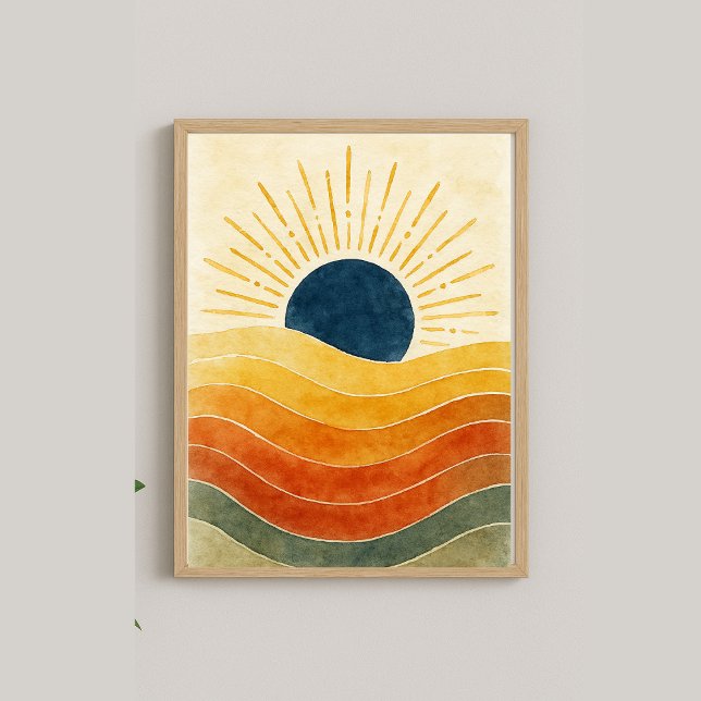 Póster Horizonte dorado - Sol y ola de acuarela abstracta (Subido por el creador)