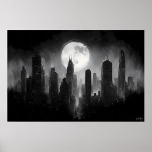 Póster Horizonte urbano de la ciudad bajo la luz de la lu