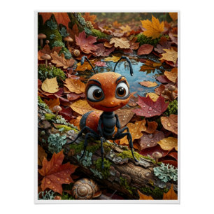 Póster Hormiga Pequeña Otoño Tronco Hojas Caídas Bosque