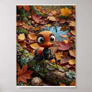 Póster Hormiga Pequeña Otoño Tronco Hojas Caídas Bosque