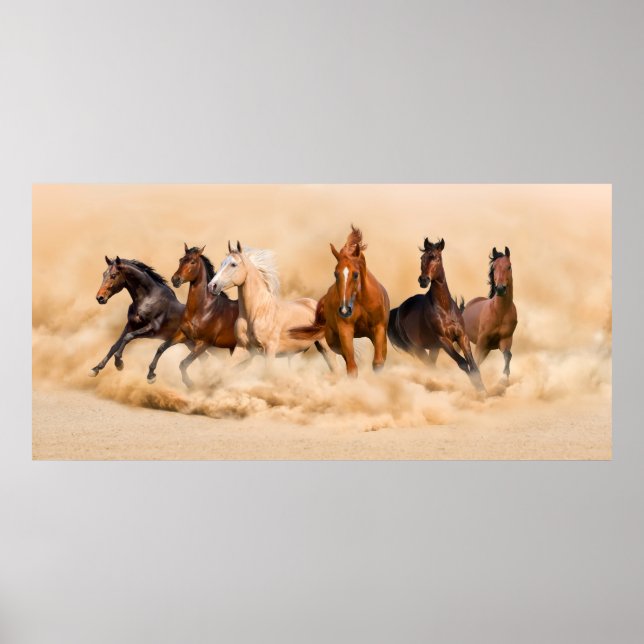 Póster Horse herd run in desert sand storm (Frente)