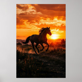 Póster Horse Sunset Poster | Running Black Horse Wall Art