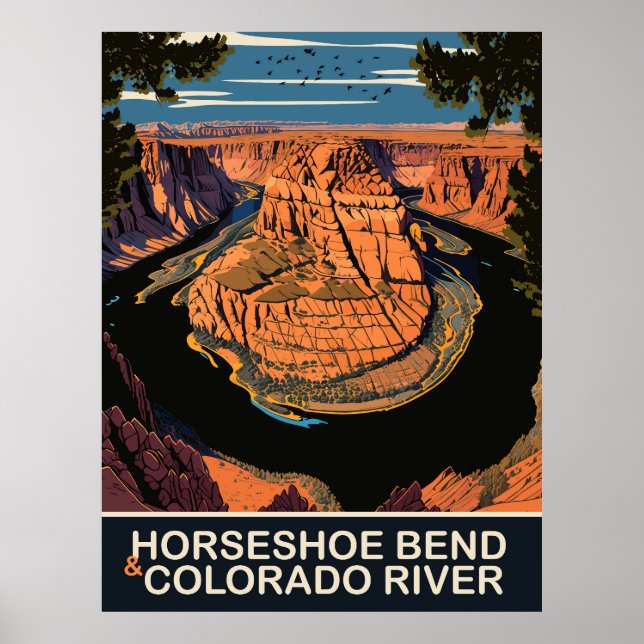 Póster Horseshoe Bend y río Colorado, viajes (Frente)