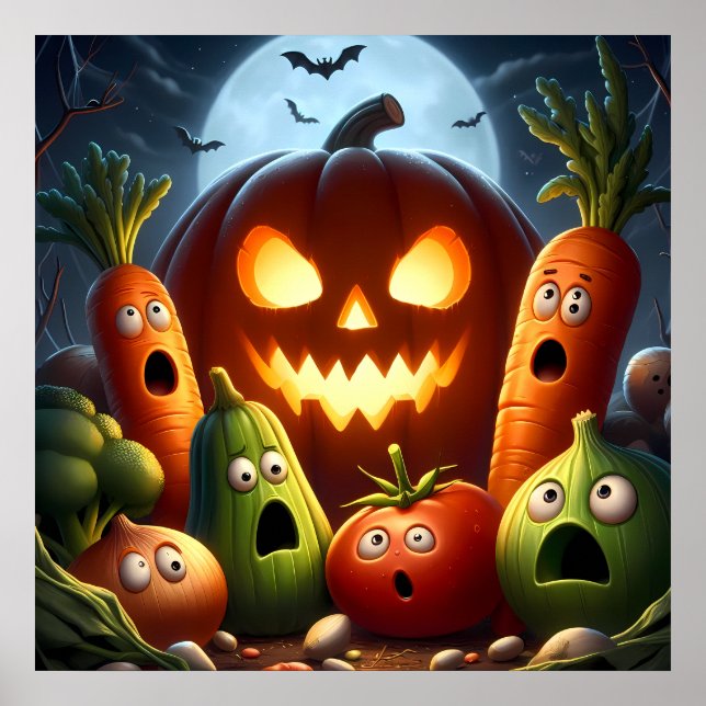 Póster Hortalizas asustadas y calabaza gigante Halloween (Frente)