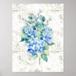 Póster Hortensia Azul Fondo Floral Marfil Botánico