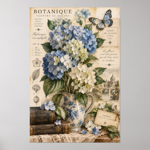 Póster Hortensia Azul Vintage Mariposa Pared Botánica Art