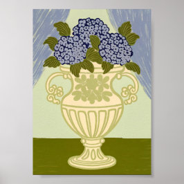 Póster Hortensias Azules Elegantes en Urna Dorada Clásica