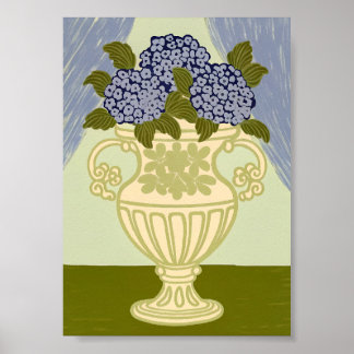 Póster Hortensias Azules Elegantes en Urna Dorada Clásica
