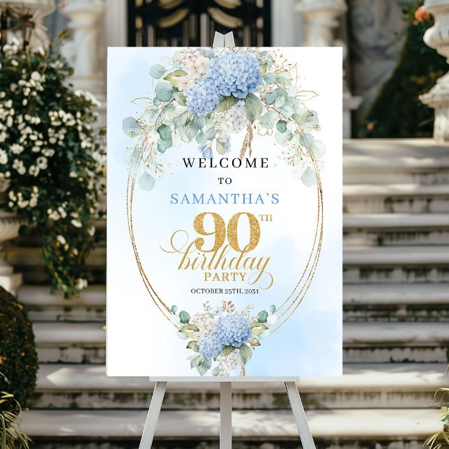 Póster Hortensias Azules Suaves Boho Bienvenida 90 cumple (Soft Blue Hydrangeas Boho 90th birthday welcome)