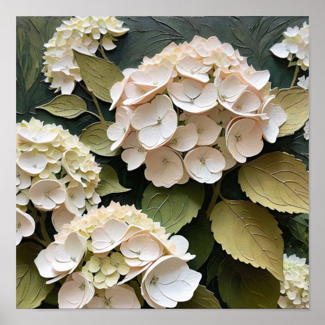 Póster Hortensias de Crema con Hojas Texturizadas (Frente)