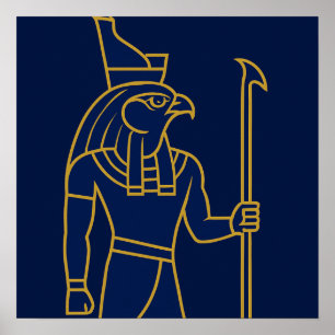 Póster Horus Egyptian God Gold Line Art Blue Poster