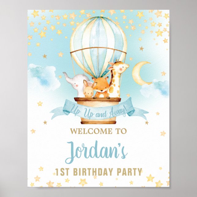Póster Hot Air Balloon Birthday Jungle Animals Welcome (Frente)