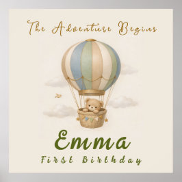 Póster  Hot Air Balloon First Birthday Poster