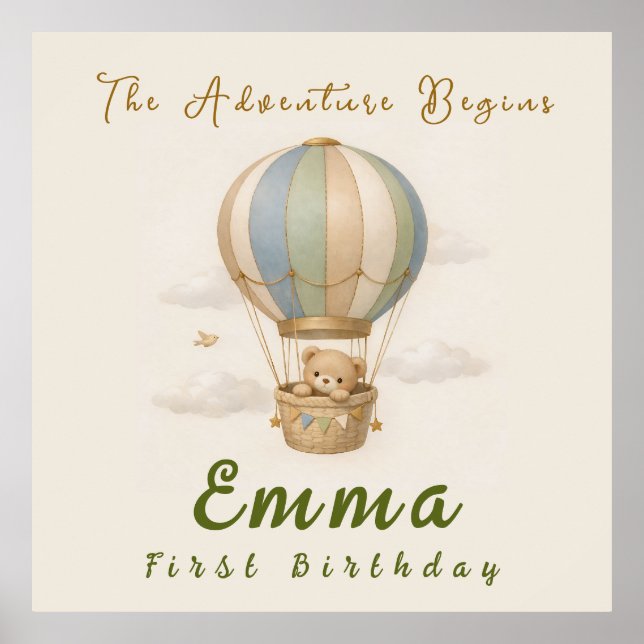 Póster  Hot Air Balloon First Birthday Poster (Frente)
