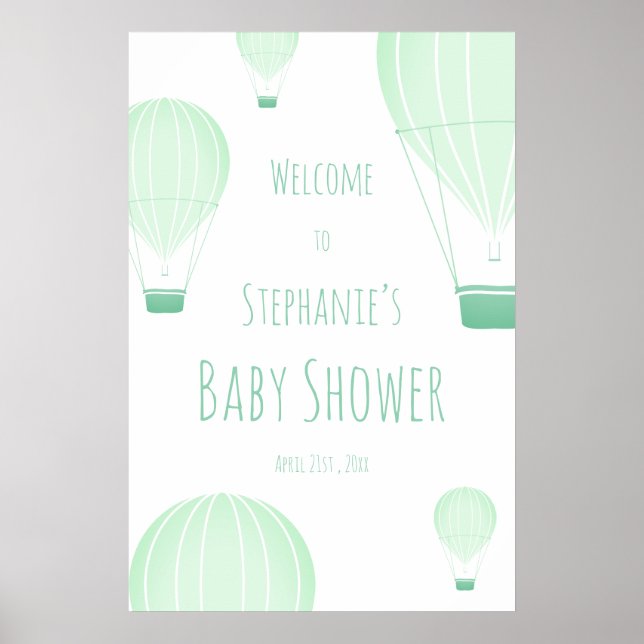 Póster Hot Air Balloon Green Baby Shower Welcome (Frente)