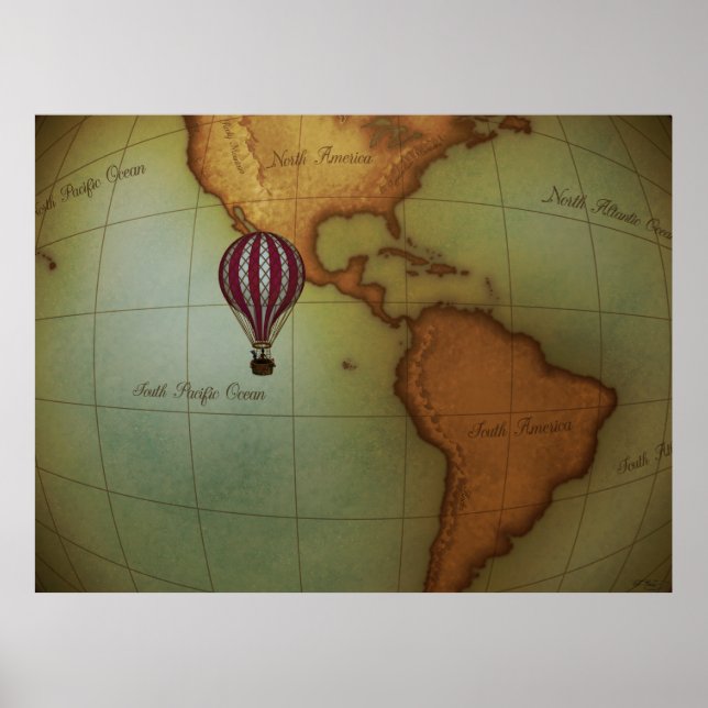Póster Hot Air Balloon Ride Over Western Hemisphere Map (Frente)