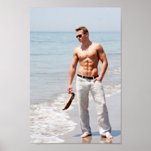 Póster Hot Guy Bare Chest Muscular Abs Beach Shirless