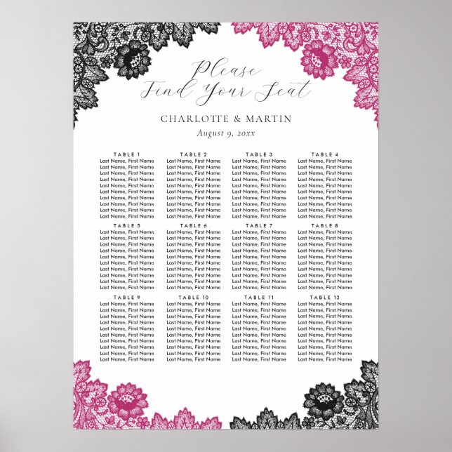 Póster Hot Pink and Black Wedding Seating Chart 12 (Frente)