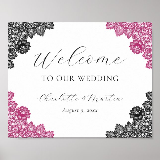 Póster Hot Pink and Black Wedding Welcome Sign (Frente)