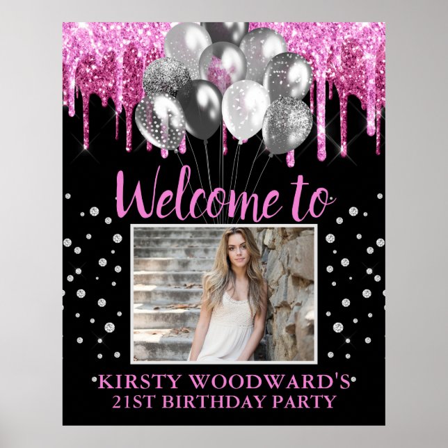 Póster Hot Pink Dripping Glitter & Balloons Birthday (Frente)