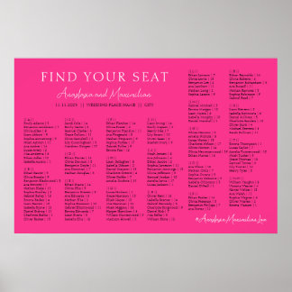 Póster Hot Pink Fuchsia Wedding Alphabetical Seating