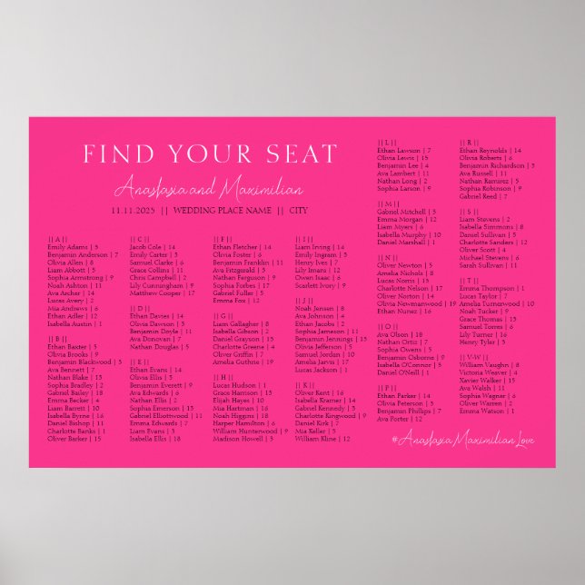 Póster Hot Pink Fuchsia Wedding Alphabetical Seating (Frente)