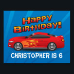 Póster Hot Red Race Car with Flames Boy's Birthday Party<br><div class="desc">Little boys love toy race cars that speed down the track. This racy red auto sports car is a real winner. Bright blue background with orange and yellow flames and text and vibrant,  bright colors for the 6th birthday guy or any age! Design Copyright © CustomInvitesOnline.com</div>