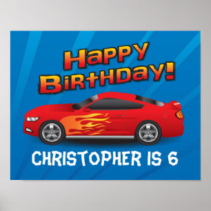 Póster Hot Red Race Car with Flames Boy's Birthday Party