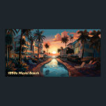 Póster Hotel Art Deco de Miami Beach de los años 50 al am<br><div class="desc">Óleo de un hotel costero de estilo Art Déco de los años 50 en Miami Beach en tonos pastel y negro. Las vistas dan a una piscina alargada del sol que se eleva sobre el océano Atlántico.</div>