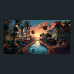 Póster Hotel Art Deco de Miami Beach de los años 50 al am<br><div class="desc">Óleo de un hotel costero de estilo Art Déco de los años 50 en Miami Beach en tonos pastel y negro. Las vistas dan a una piscina alargada del sol que se eleva sobre el océano Atlántico. Elaborado con algoritmos generativos y Photoshop.</div>