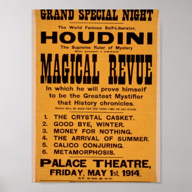 Póster Houdini, Teatro retro de la "Revue mágica" (Frente)
