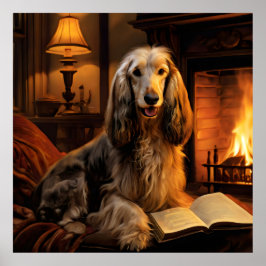 Póster Hound afgano leyendo un libro vintage
