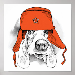 Póster Hound Basset   Gorra Red Ushanka
