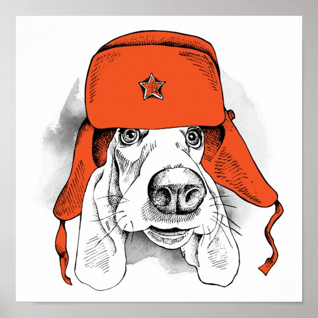 Póster Hound Basset | Gorra Red Ushanka (Frente)