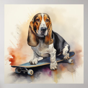Póster Hound Basset sentado en una patineta