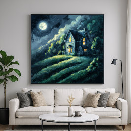Póster House on Moonlit Hill - Estilo impresionista