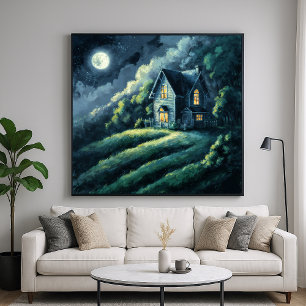 Póster House on Moonlit Hill - Estilo impresionista