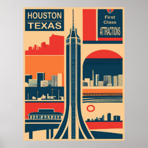 Póster Houston, Texas, atracciones turísticas, viajes