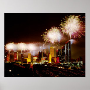 Póster Houston, Texas, horizonte con fuegos artificiales
