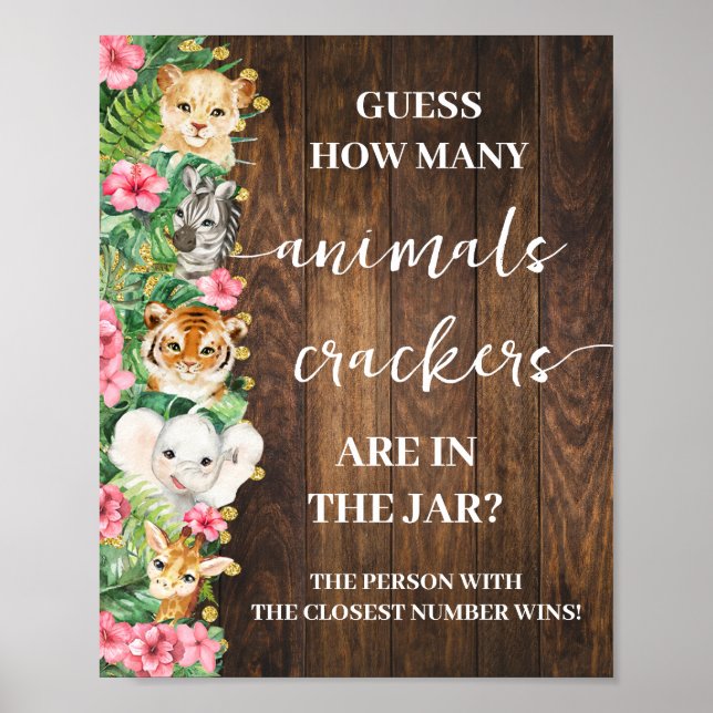 Póster How Many Animal Crackers Pink Safari Shower Game  (Frente)