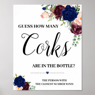 Póster How many corks bridal shower game navy floral sign