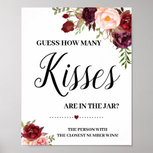 Póster How many kisses game sign bridal shower boho chic