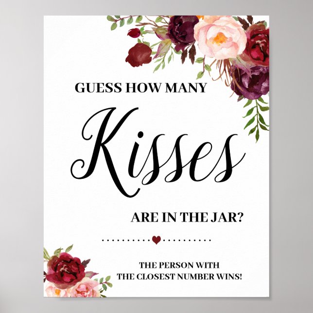 Póster How many kisses game sign bridal shower boho chic (Frente)