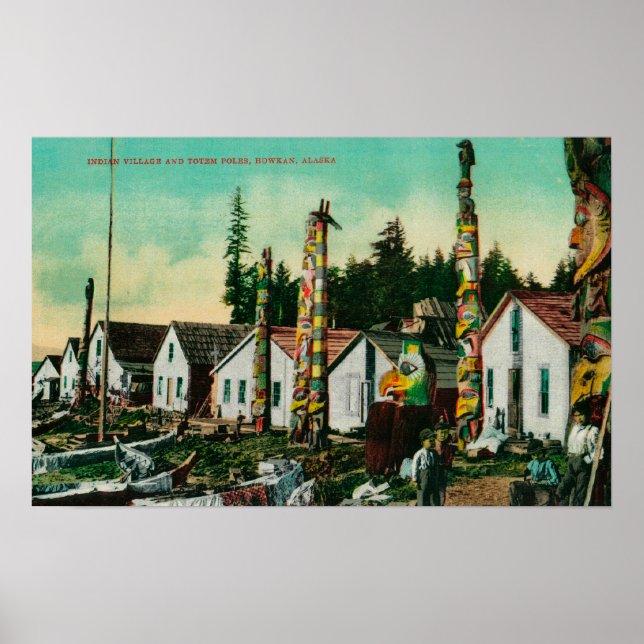 Póster Howkan, Alaska Indian Village y los Tótem (Frente)