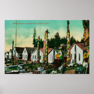 Póster Howkan, pueblo de Alaska y tótemes indios