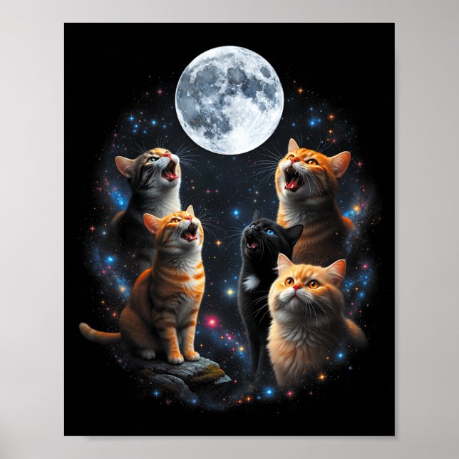 Póster Howling Cats Full Moon Starry Sky Galaxy Cosmic An (Frente)