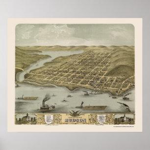 Póster Hudson, WI Mapa Panorámico - 1870