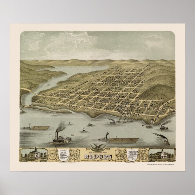 Póster Hudson, WI Mapa Panorámico - 1870 (Frente)